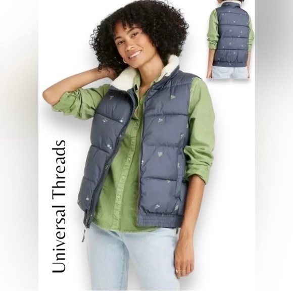 Universal Thread Puffer Floral Full Zip Up Pocket Navy Cozy Vest Medium